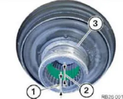 Apply the sealant 10mm from the outer edge (1). The bead depth (2) needs to be about 10mm. The bead thickness should be about 5mm. The driveshaft (3) must be connected to the output flange within 12 minutes.