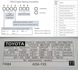 This shows the new nomenclature that Toyota is using now with the TNGA, and you can see on the emission sticker that the engine is a 2.5L with Valvematic Variable Lift, Economy Narrow-Angle DOHC, Atkinson Cycle Hybrid with Direct Injection. This shows the new nomenclature that Toyota is using now with the TNGA, and you can see on the emission sticker that the engine is a 2.5L with Valvematic Variable Lift, Economy Narrow-Angle DOHC, Atkinson Cycle Hybrid with Direct Injection.