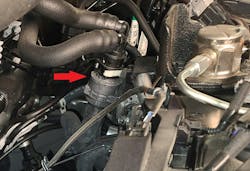 This photo shows the heater core Flow Shutting Valve (FSV1). It is a magnetically controlled valve that will regulate when coolant can flow through the heater core. This photo shows the heater core Flow Shutting Valve (FSV1). It is a magnetically controlled valve that will regulate when coolant can flow through the heater core.