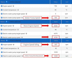 This shows clips of the water pump entering the Engine Coolant Mode. The top shows normal operation, the middle shows the RPM being raised, 3 Times above 3000rpm to enter the Engine Coolant Mode. The bottom photo shows the water pump speed that will be reached at idle when the Engine Coolant Mode is activated. This shows clips of the water pump entering the Engine Coolant Mode. The top shows normal operation, the middle shows the RPM being raised, 3 Times above 3000rpm to enter the Engine Coolant Mode. The bottom photo shows the water pump speed that will be reached at idle when the Engine Coolant Mode is activated.