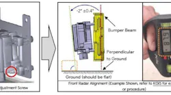 Example of an alignment adjustment screw on radar sensor (see left image, red circle). The vehicle must be parked on a level surface. The bumper beam must be perpendicular to the ground.