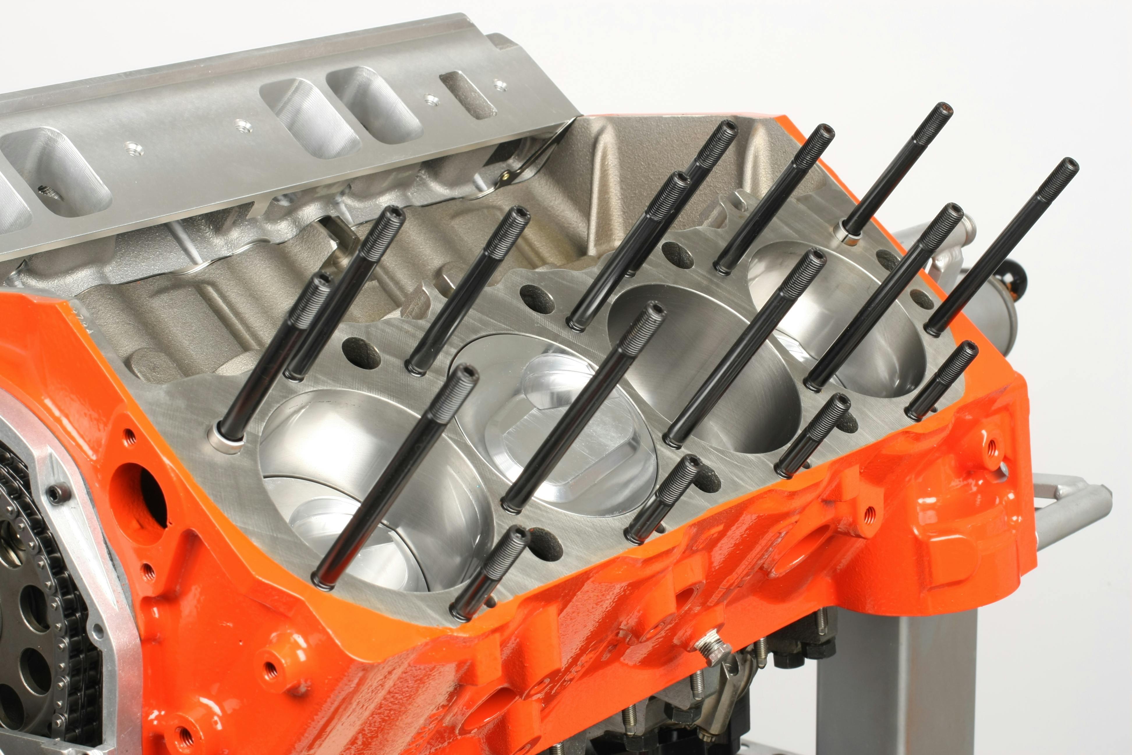 For those situations where cylinder head studs are to be installed, install studs finger-tight (lube or seal threads accordingly depending on the application). Do not double-nut studs and torque them in place. Torque and clamping load is applied as you tighten the nut. Over-tightening studs into the block will result in a slight splay, making it difficult to install the head. The lower stud threads only need to be fully engaged. Torque is applied to the nuts.