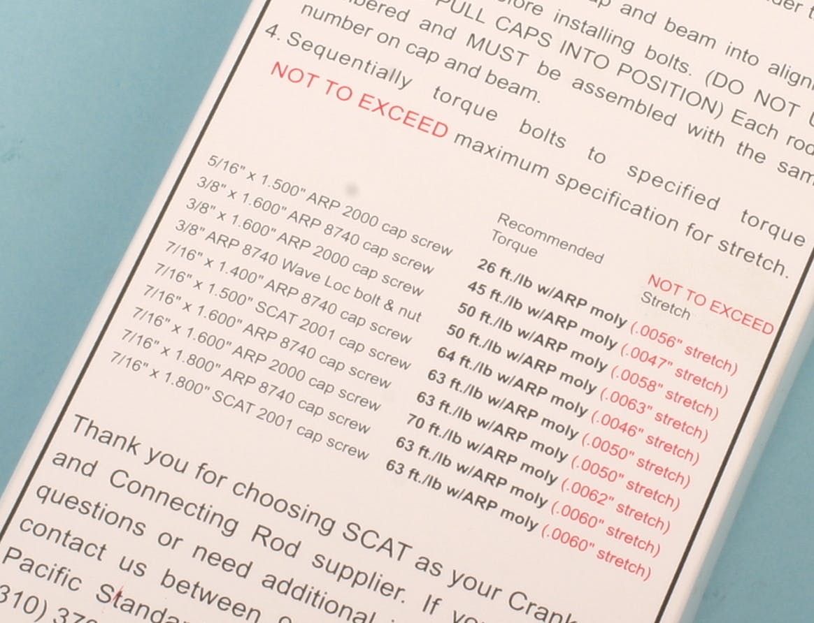 Aftermarket performance connecting rod and rod bolt makers provides a spec sheet. Based on the specific bolt&rsquo;s size, the data provides recommended torque and maximum recommended bolt stretch.