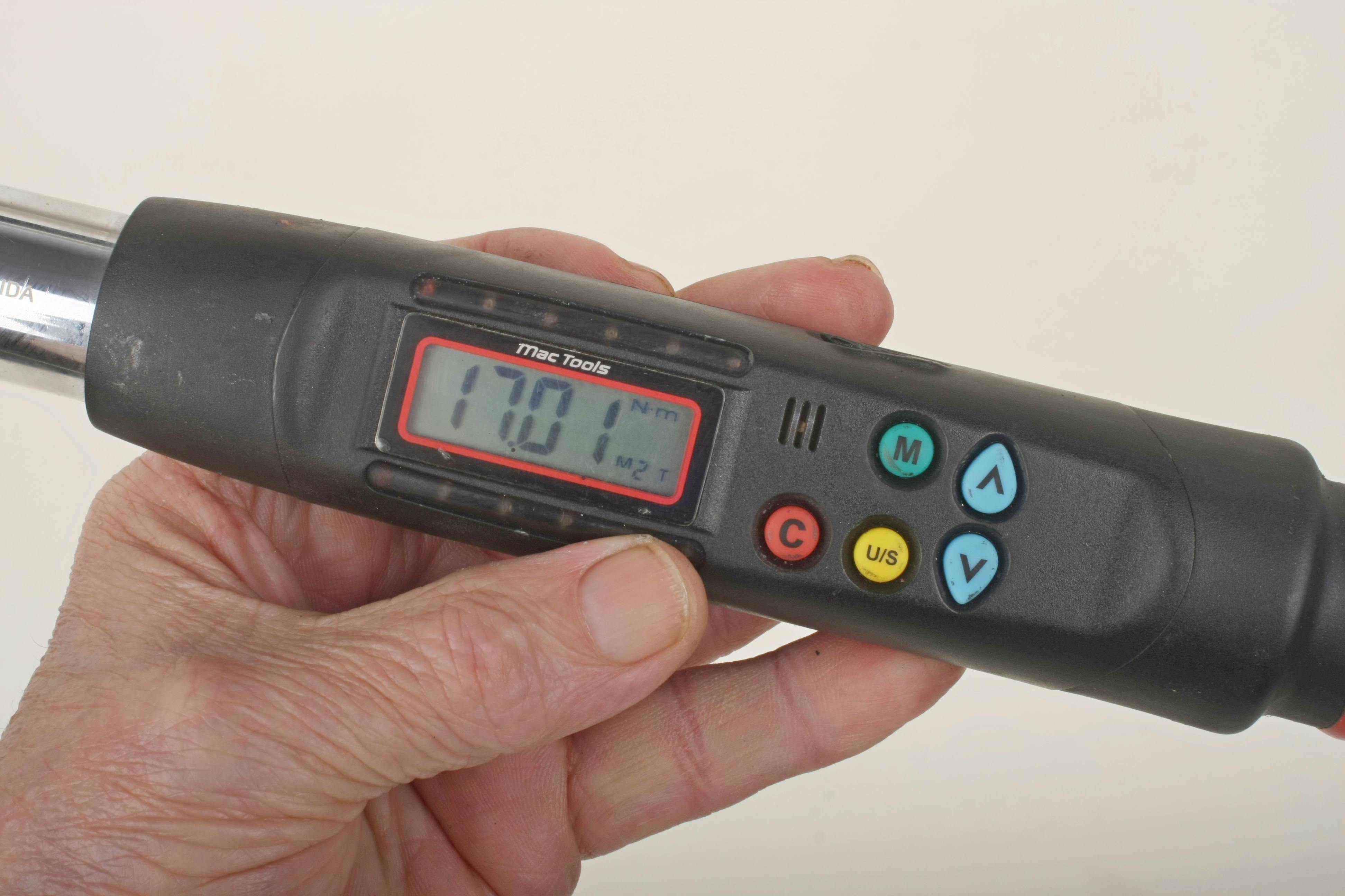 Electronic digital torque wrenches offer multiple modes. This example shows Nm (Newton meters).