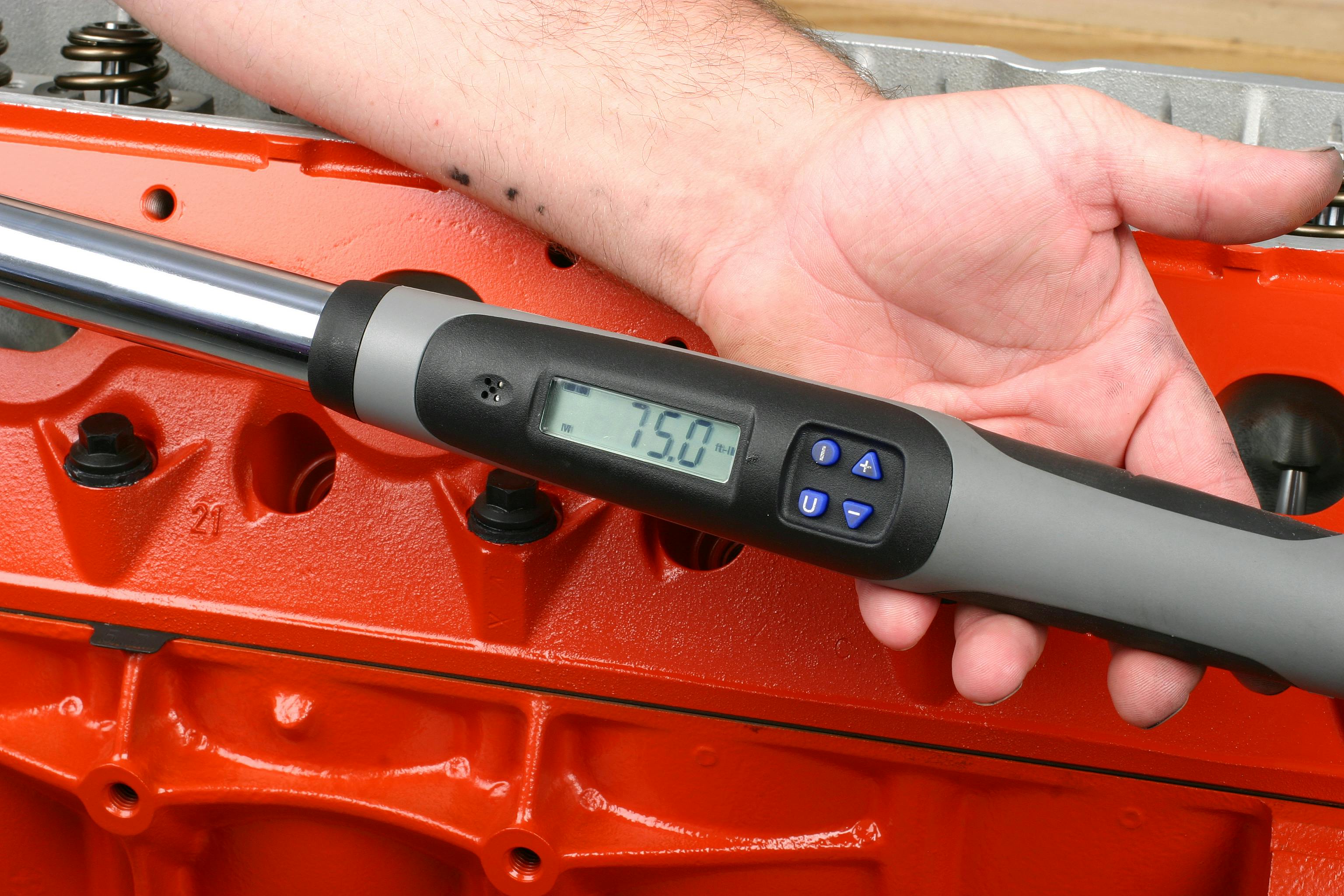 Some more sophisticated electronic torque wrenches allow you to achieve both torque value (ft-lb shown here) and the ability to perform angle tightening when desired.