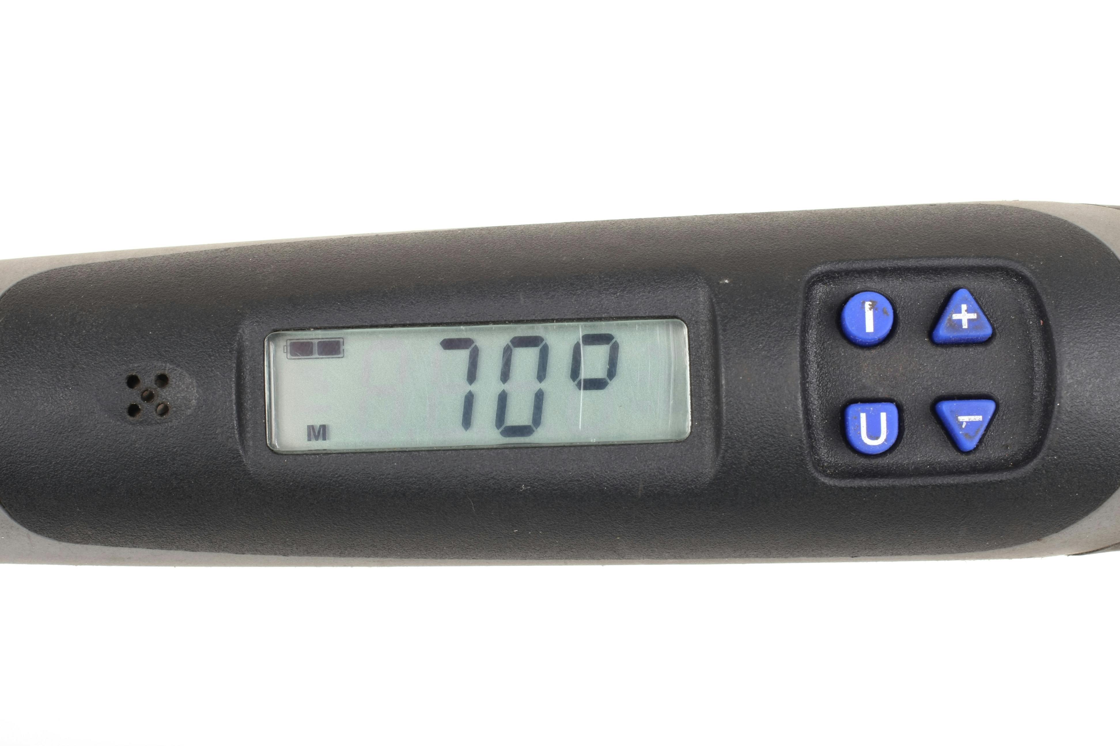 Once specified torque has been achieved, the press of a mode button switches the tool to angle mode. Once you choose the desired angle (in this example we selected 70 degrees), continue to rotate the bolt. Once the target angle of 70 degrees is achieved, the tool emits an audible beep and vibration alert. This allows you to accomplish torque-plus-angle tightening with one tool, with no need to remove the tool from the workpiece.