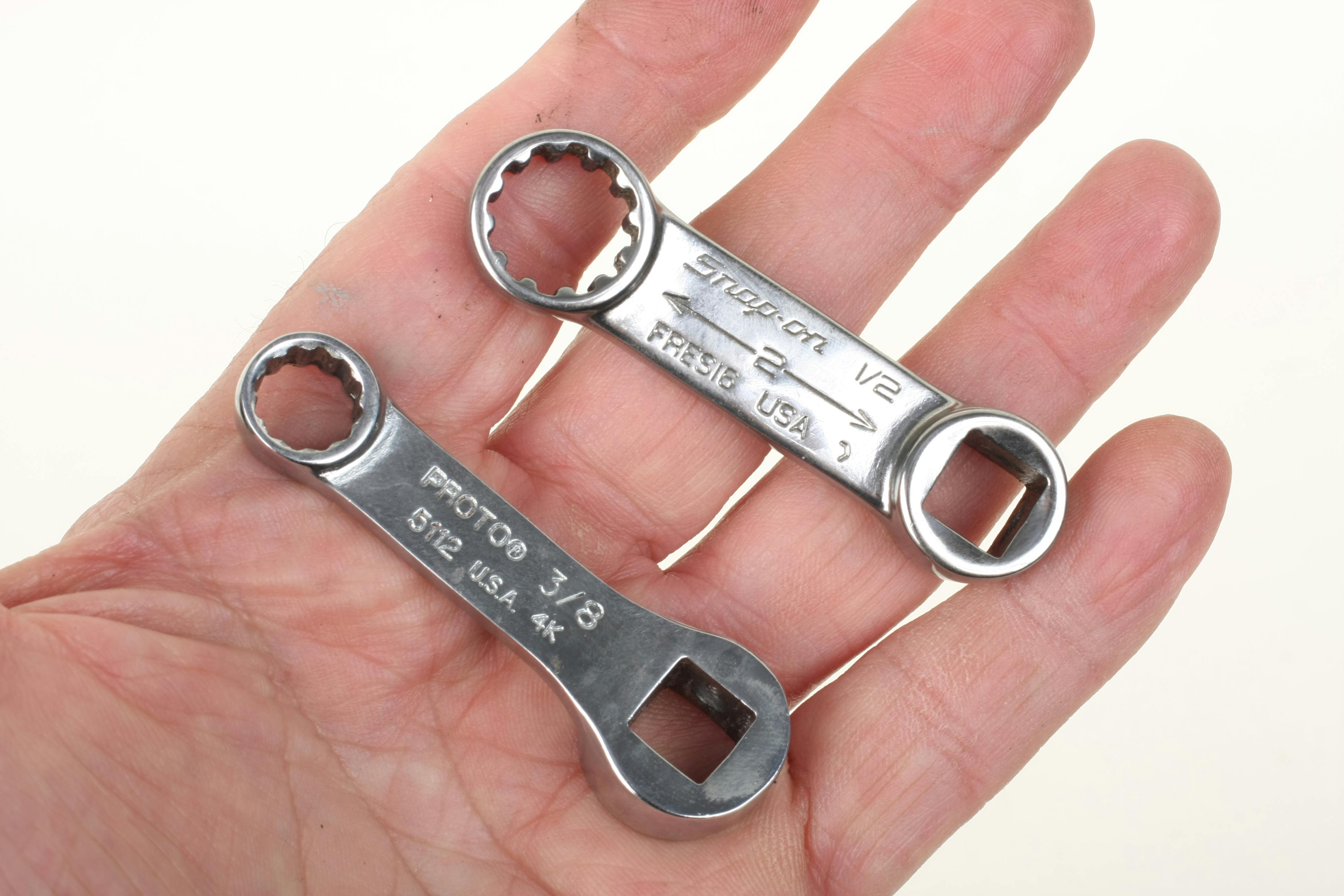 Shown here are two examples of torque wrench extensions. Both are 3/8-inch drive. The upper features a 12-point &frac12;-inch box wrench and the lower is a 3/8-inch box wrench. Common sizes in both 6 point and 12 point are available. These extensions allow you to utilize a torque wrench in areas that feature access challenges.