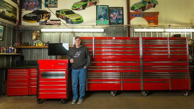 Dahlin's Mr. Big toolbox fits well alongside the other red toolboxes he keeps in his shop.