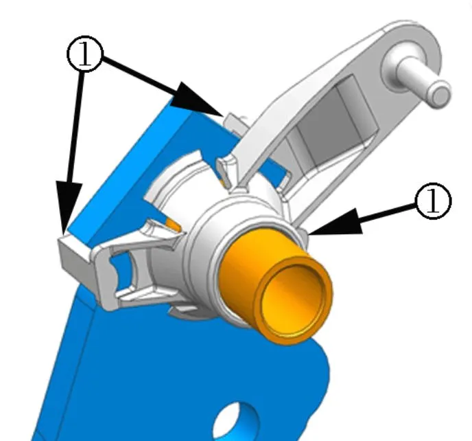 Inspect to verify that all three plastic tabs are secured over the pedal arm. Inspect to verify that all three plastic tabs are secured over the pedal arm.