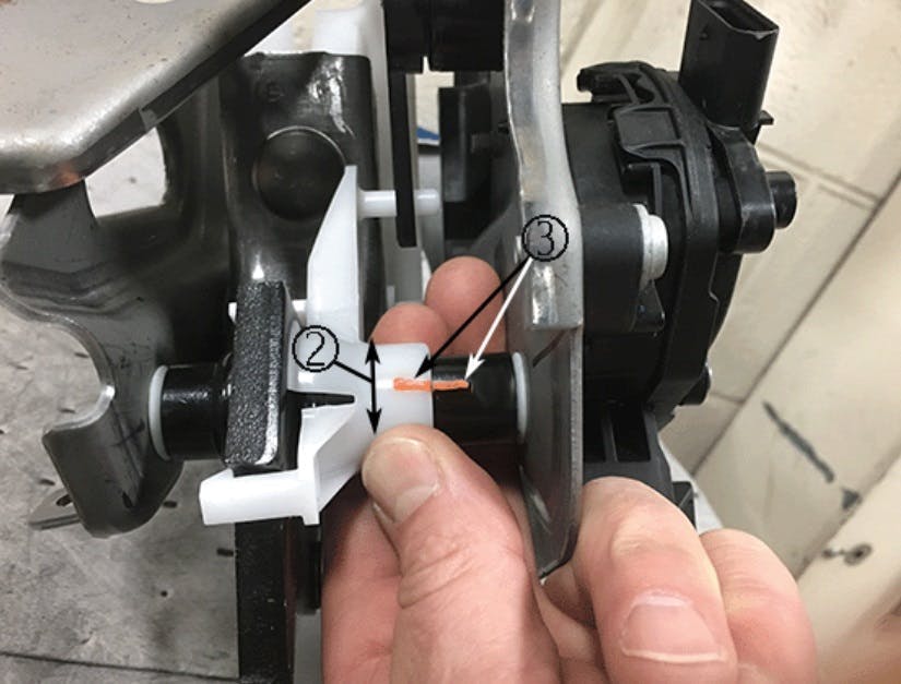 Brake and accelerator pedal assembly shown out of the vehicle for illustration purposes. Paint pen scribe marks (3) shows the relationship between the base of the BPPS switch bracket and the bracket shaft. The two-sided arrow (2) indicates the rotation path of the BPPS switch bracket.
