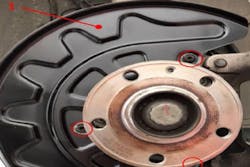 1) brake shield. Note bolt locations (circled). 1) brake shield. Note bolt locations (circled).