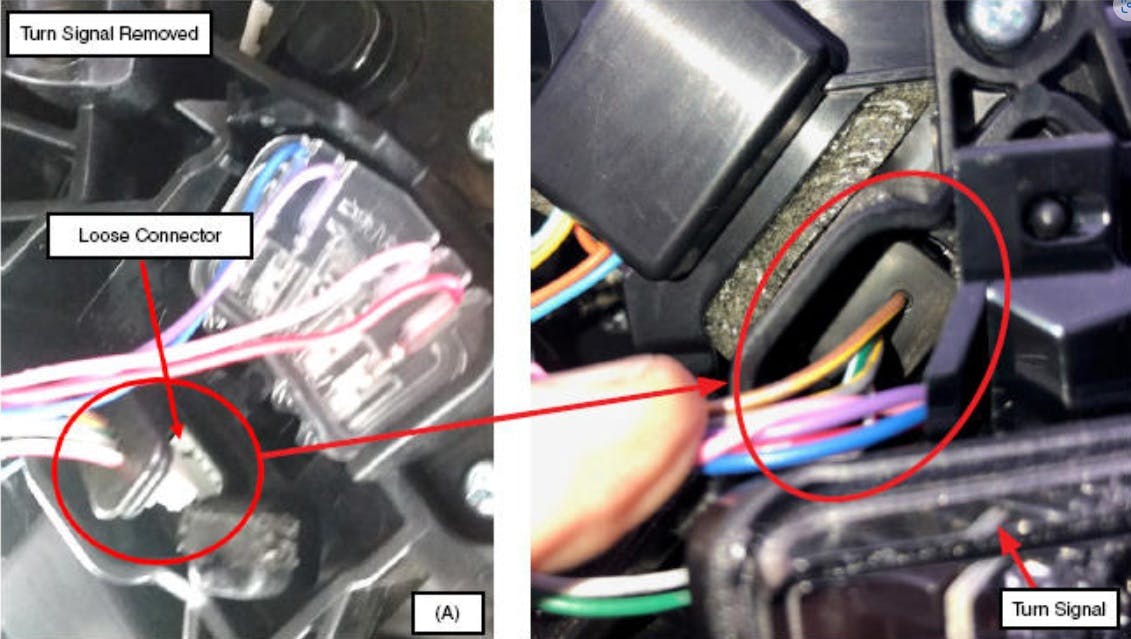 At left, with turn signal removed, the connector can be checked for proper seating. At right is a close-up of the connector.