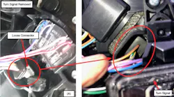 At left, with turn signal removed, the connector can be checked for proper seating. At right is a close-up of the connector.