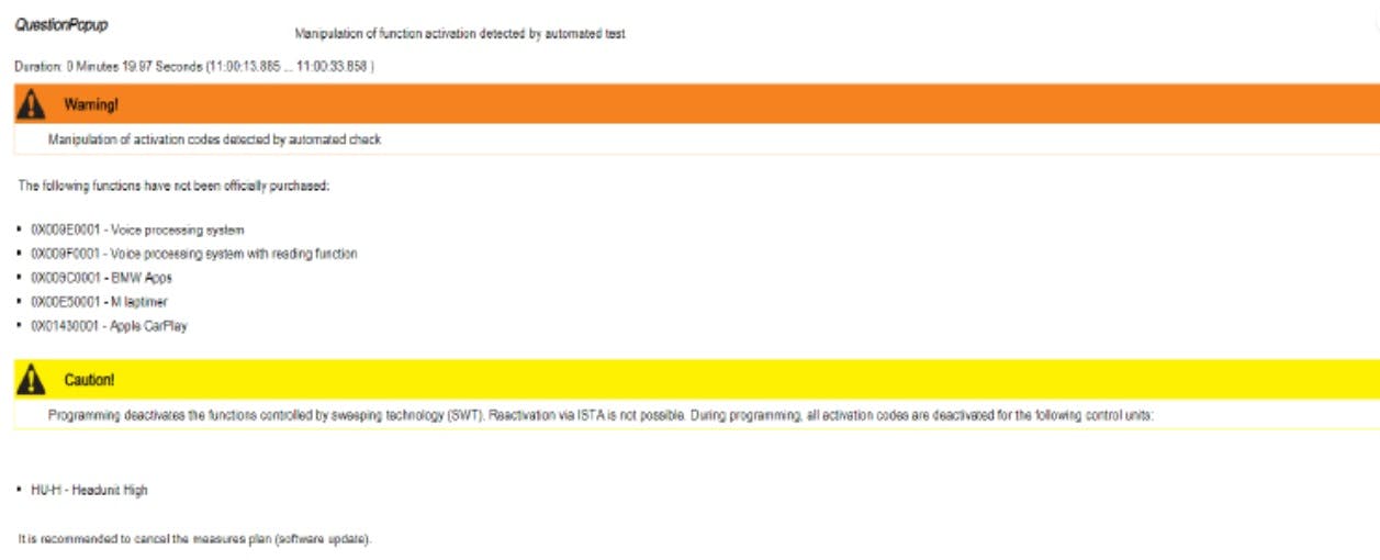A pop-up will appear with the unauthorized FSC Enabling Codes, as in this example.