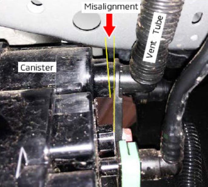 Check alignment to the vent tube to canister.
