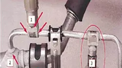 Example of leak locations. 1)charge port; 2) internal heat exchanger; 3_ pressure transducer port.