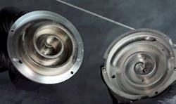 This shows the scroll assembly used to compress the refrigerant. The scroll on the right is fixed, and the scroll on the left is rotated by the compressor motor. This shows the scroll assembly used to compress the refrigerant. The scroll on the right is fixed, and the scroll on the left is rotated by the compressor motor.