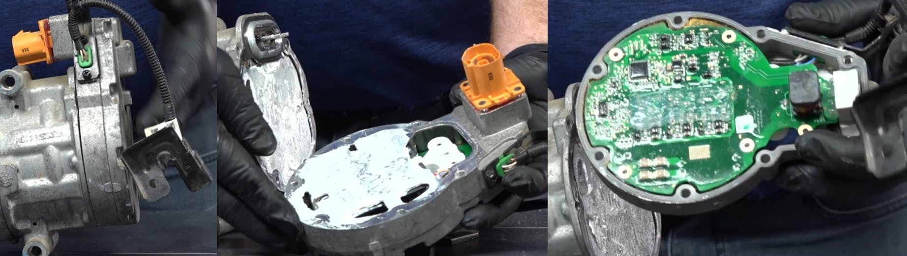 This shows the electronics inside the PIM that is mounted to the end of this used KIA electric A/C compressor, notice the dielectric like material on the PIM and the compressor body to aid in the cooling of the electronics.