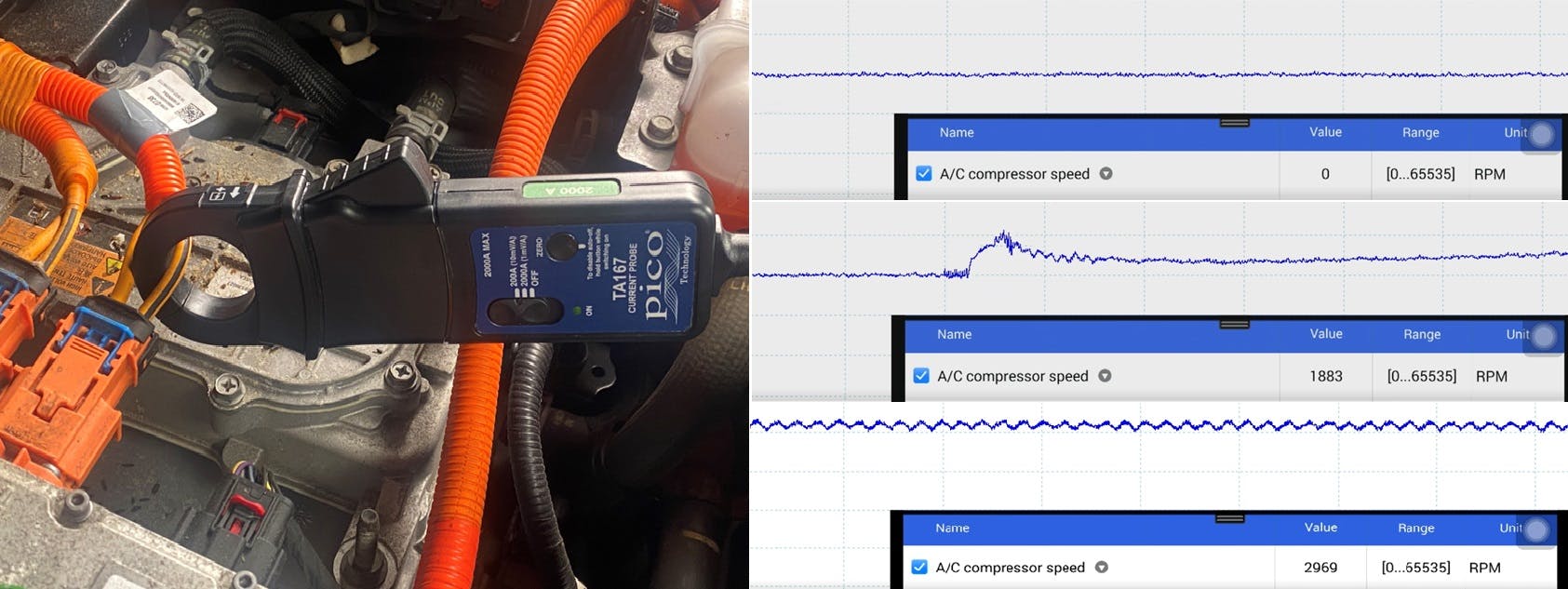 This series shows the checking of an electric A/C compressor on a 2019 Chevy using a scope and a current probe. From top to bottom, no compressor action, compressor at 1883 RPM and shows the inrush current, and the bottom, the A/C compressor in operation at 2969 RPM. We are looking for a smooth wave pattern.