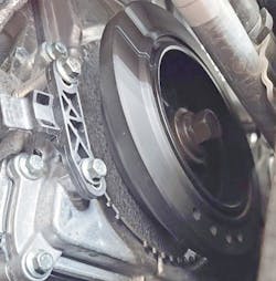 This is the crank pulley from a 2024 Ford Escape Hybrid, there is no drive belt, the engine has an electric water pump and electric A/C compressor. This is the crank pulley from a 2024 Ford Escape Hybrid, there is no drive belt, the engine has an electric water pump and electric A/C compressor.