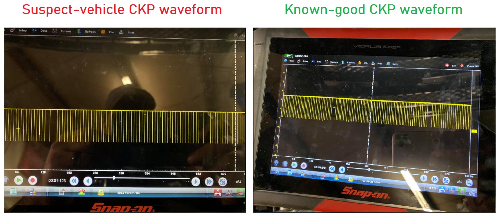 This comparison of this vehicle&rsquo;s CKP signal to that of a known-good vehicle suggests something is not quite right. The repeat of the anomaly occurring every 360 degrees of crankshaft rotation offers a clue.