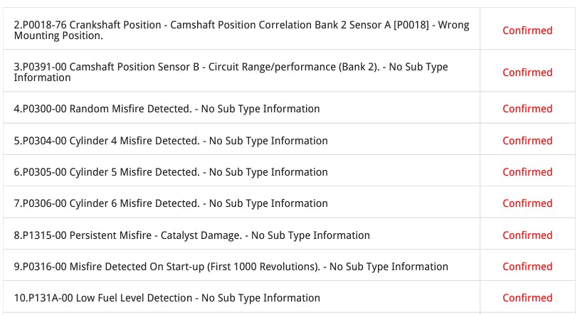 Figure 8: After the HPFP replacement, the only codes left were timing and misfire codes. They all seem to be on one bank though. I think I need to check the timing bank to bank.