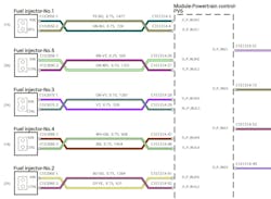 Figure 3: This OEM ECM wiring diagram sheet shows the fuel injectors are in the harness as a twisted pair and the control as well as the IGN wires are right next to one another in the ECM connector. Figure 3: This OEM ECM wiring diagram sheet shows the fuel injectors are in the harness as a twisted pair and the control as well as the IGN wires are right next to one another in the ECM connector.