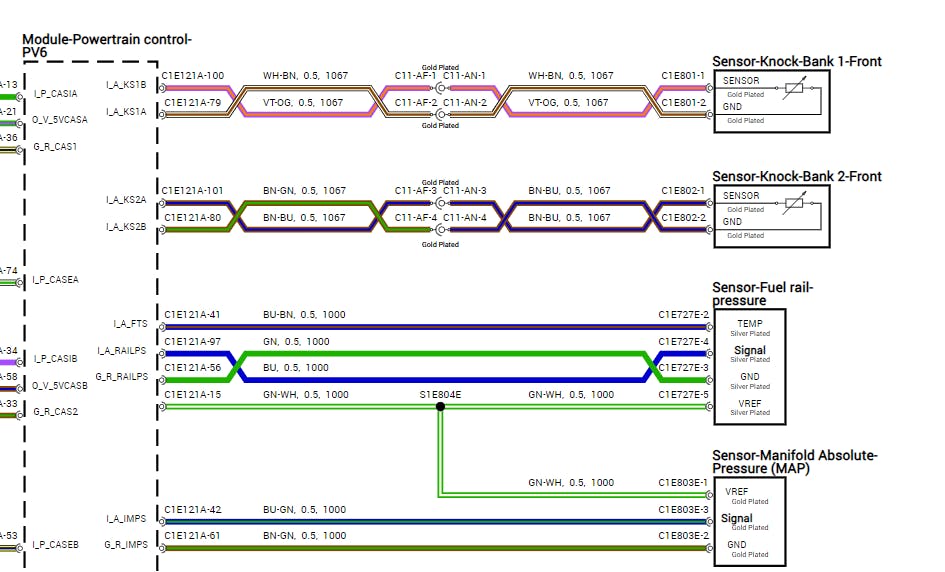 Figure 4: The OEM ECM wiring diagram sheet shows the fuel rail pressure sensor and MAP sensor share the same VREF circuit. This green/white wire would be a good thing to check for damage.