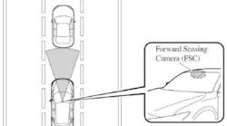 The forward assist sensing camera detects possible collision with another vehicle in front.