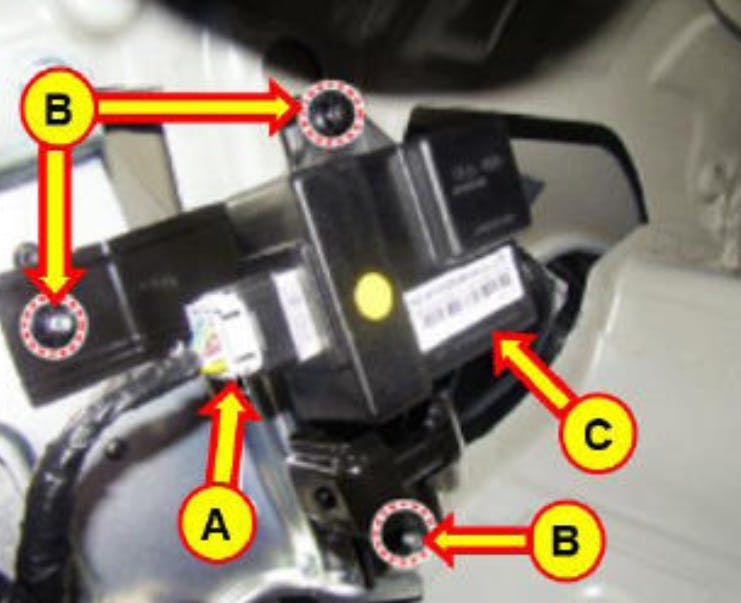 A) FPCM connector; B)Three mounting nuts; C) FPCM.