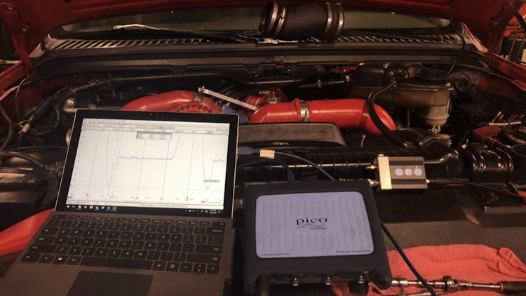 Figure 1: The Pico scope 4425 and WPS500 we used to capture in-cylinder compression waveforms from a suspect cylinder and know-good cylinder for comparison.