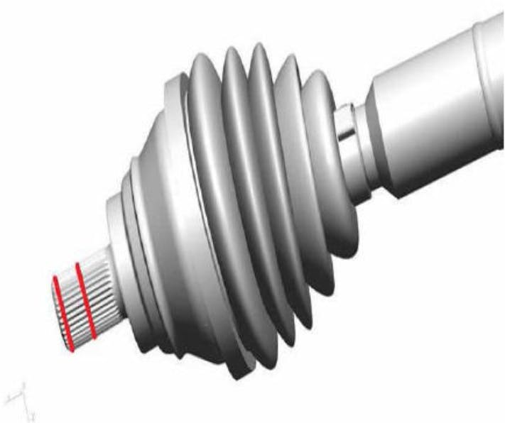 Clean the drive axle threads and apply two rings of the liquid locking compound (see red lines for application). Allow eight hours of cure time.