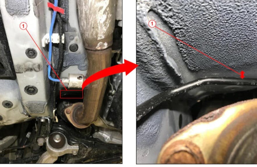 Areas to inspect for fuel line contact. At left, inspect clearance of the fuel line to the subframe. At right, inspect fuel line clearance to the underbody.