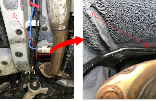 Areas to inspect for fuel line contact. At left, inspect clearance of the fuel line to the subframe. At right, inspect fuel line clearance to the underbody.