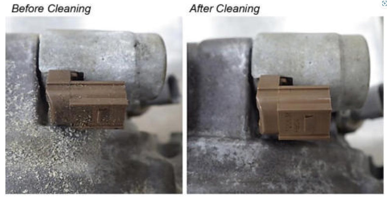 Be sure to clean the area around each solenoid valve before removing the old valves. The image on the left shows dirt/contaminants adjacent to the valve. At the right is the same valve with the area cleaned. This is important to prevent debris from entering the differential and/or the new solenoid valve.