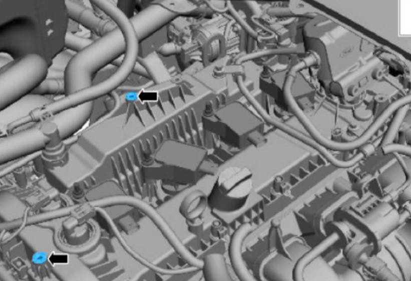 Location of the two engine cover stud bolts.
