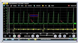 Figure 1 — This lab scope reading shows the Nissan vehicle with the single cylinder misfire. Figure 1 — This lab scope reading shows the Nissan vehicle with the single cylinder misfire.