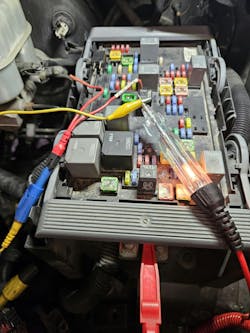 Figure 4 — With a test light, you can switch the lead to battery positive and lightly touch the pin of the feed wire to the fuel pump to see if everything is electrically intact. Figure 4 — With a test light, you can switch the lead to battery positive and lightly touch the pin of the feed wire to the fuel pump to see if everything is electrically intact.