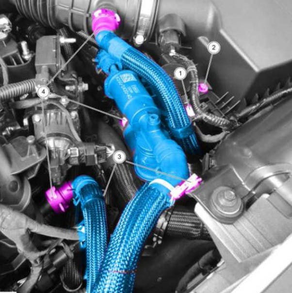 1. Disconnect the electrical connector (1); 2. remove the retainer (2).; 3. remove the two hose retainers (3).; 4. disconnect the three hose connectors (4).; 5. remove and discard the brake vacuum tube assembly; 6. install the new assembly in reverse order.