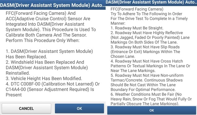 These two screen captures display some of the warnings and information that the scan tool will display when recalibrating the forward-facing camera on a 2019 Ram pickup truck.
