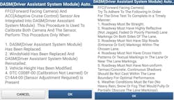 These two screen captures display some of the warnings and information that the scan tool will display when recalibrating the forward-facing camera on a 2019 Ram pickup truck. These two screen captures display some of the warnings and information that the scan tool will display when recalibrating the forward-facing camera on a 2019 Ram pickup truck.