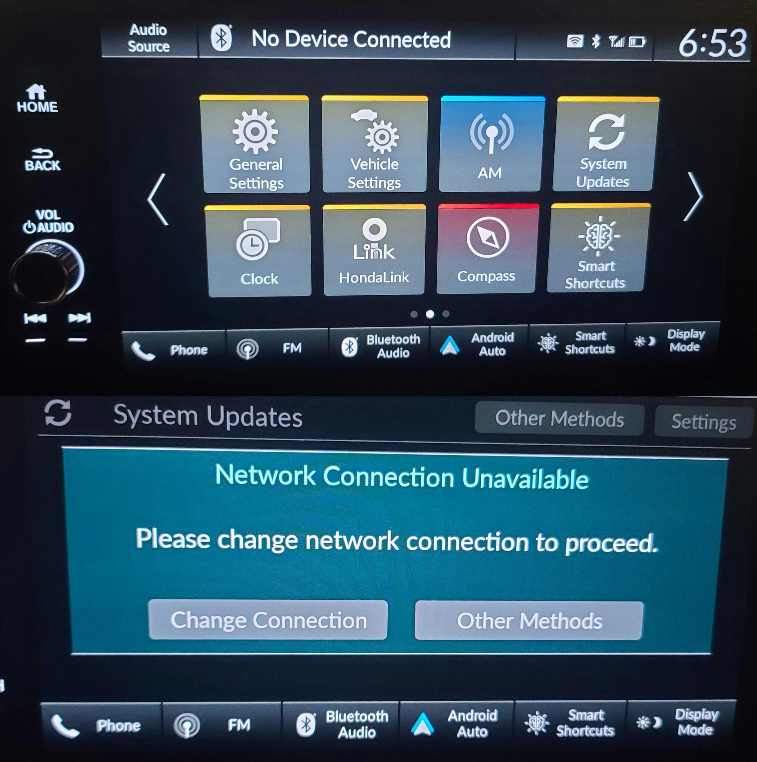The center stack display on this 2023 Honda Pilot shows a softkey button that will allow certain vehicle modules to receive OTA updates, but only when the proper network connection is available.