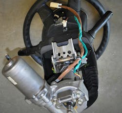 EPS 12-volt motor mounted on a Prius II steering column. EPS 12-volt motor mounted on a Prius II steering column.