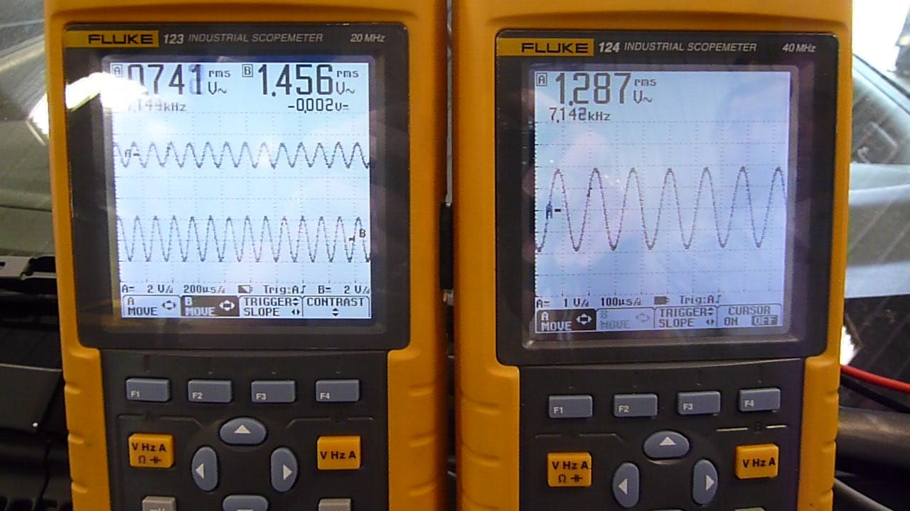 These two digital scopes are taking measurements on a resolver.