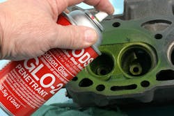 Once the surface is clean, the dye penetrant is applied, followed by the developer. Once the surface is clean, the dye penetrant is applied, followed by the developer.