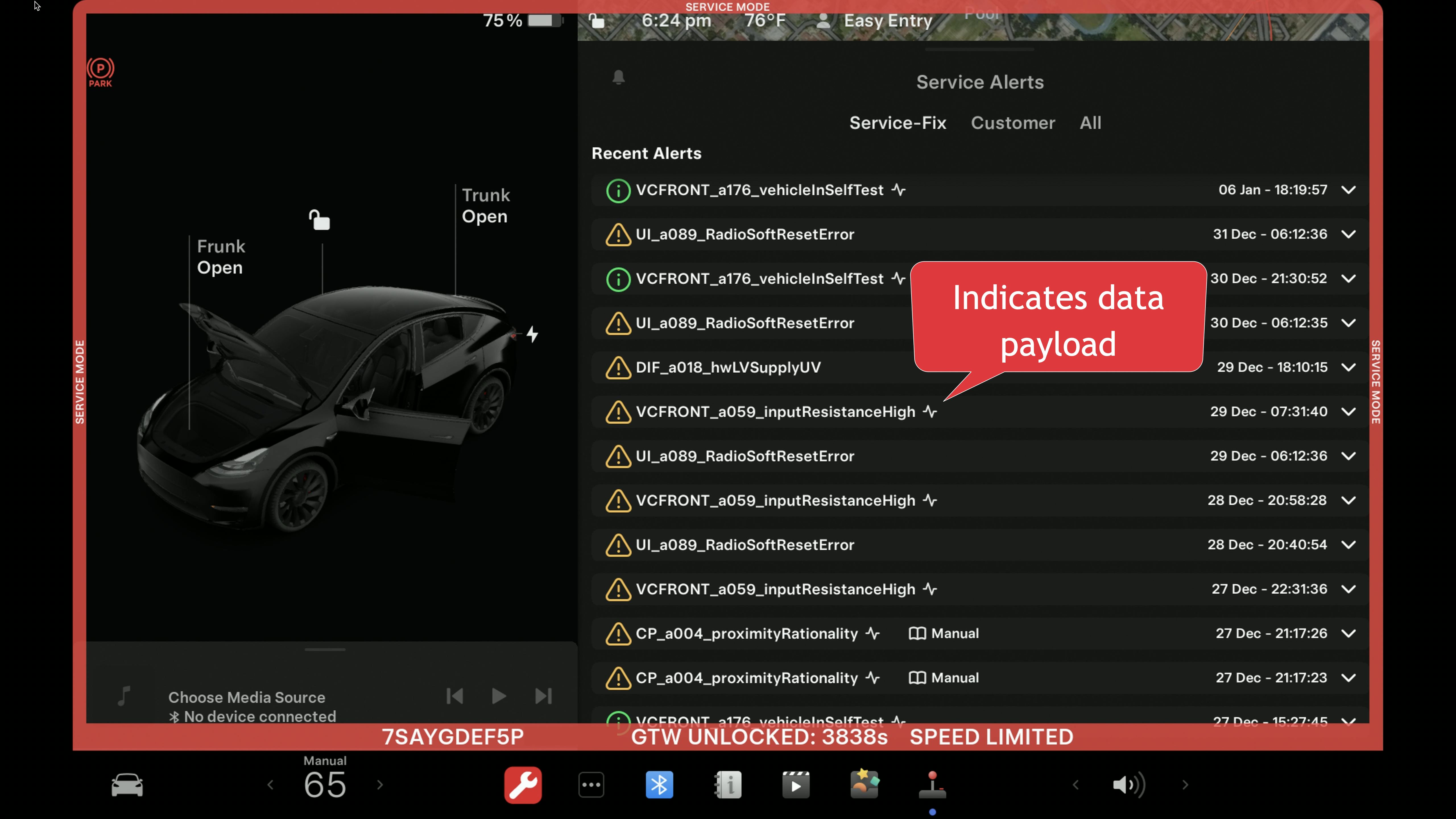 Figure 3 &ndash; Tesla Service Mode alerts and warnings