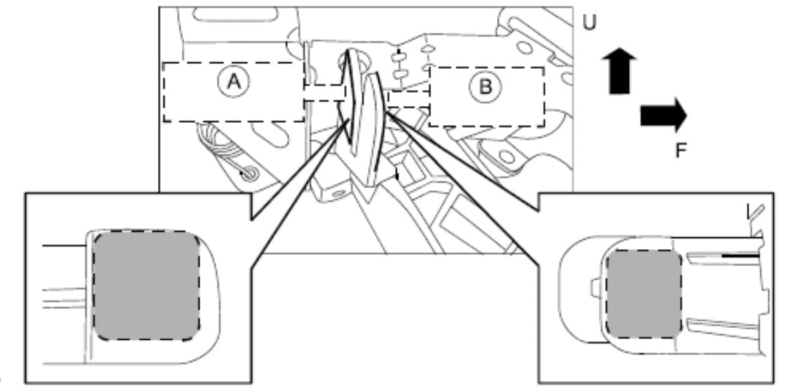 Degrease/clean the contact surfaces of the clutch pedal where the silicone pads will be applied. A) for pedal position switch and B) for the starter interlock switch.