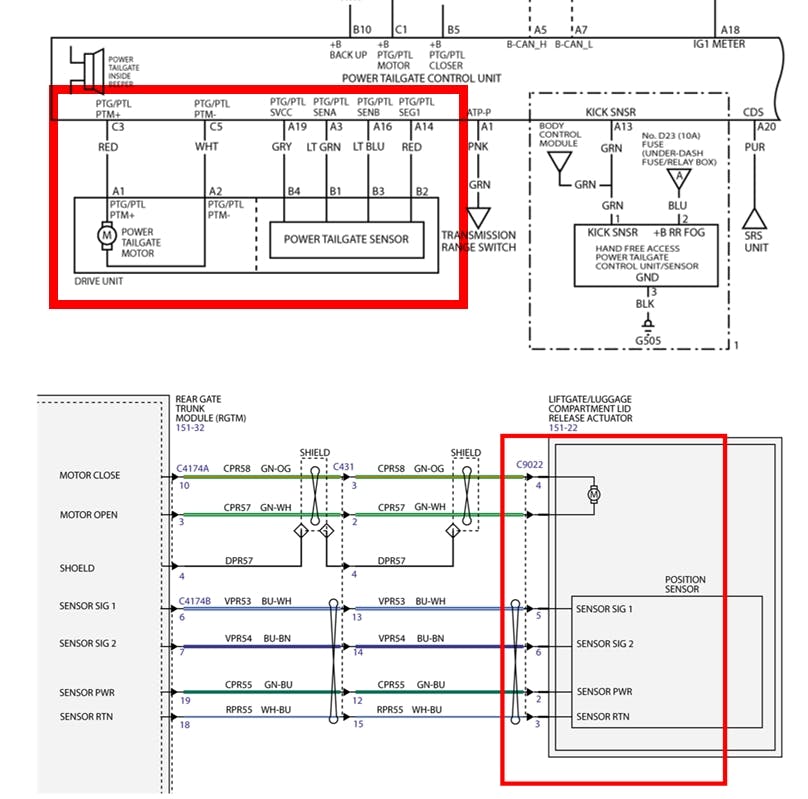 These two wiring diagrams, a 2017 Honda CRV on top and a 2017 Ford Escape on the bottom both highlight the signature six wires going to the liftgate actuator.