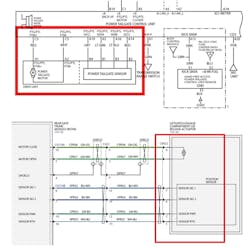 These two wiring diagrams, a 2017 Honda CRV on top and a 2017 Ford Escape on the bottom both highlight the signature six wires going to the liftgate actuator. These two wiring diagrams, a 2017 Honda CRV on top and a 2017 Ford Escape on the bottom both highlight the signature six wires going to the liftgate actuator.