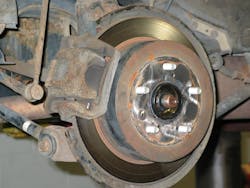 Before installing the wheel, make sure that the mating hub surface is clean and free of rust buildup. However, use care. While a wire brush is safe to use, cleaning the surface with a power tool such as a die grinder with an abrasive disc can create an uneven surface if you get carried away. In an extreme case, this can result in self-imposed lateral wheel runout. Before installing the wheel, make sure that the mating hub surface is clean and free of rust buildup. However, use care. While a wire brush is safe to use, cleaning the surface with a power tool such as a die grinder with an abrasive disc can create an uneven surface if you get carried away. In an extreme case, this can result in self-imposed lateral wheel runout.